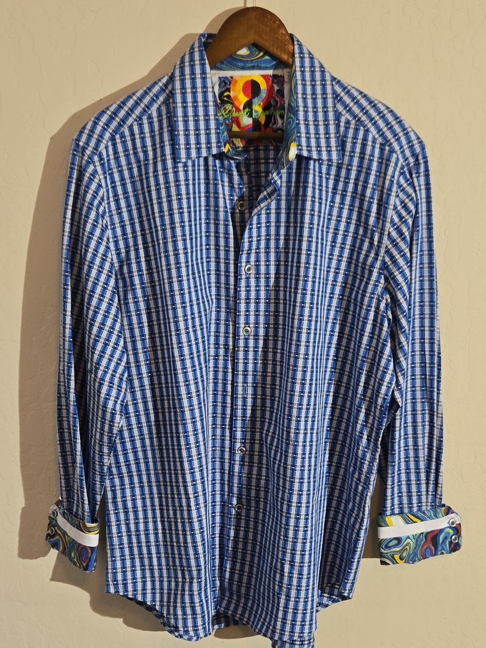 Men's Blue Plaid Button-Up Shirt with Patterned Trim